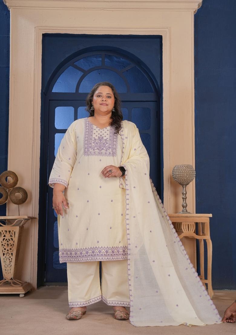 Cream Embroidery Cotton Kurta Set - Indya