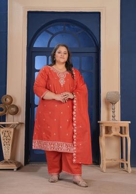Rust Embroidery Cotton Kurta Set