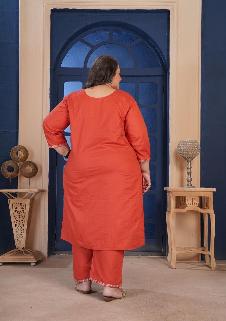 Rust Embroidery Cotton Kurta Set - Indya