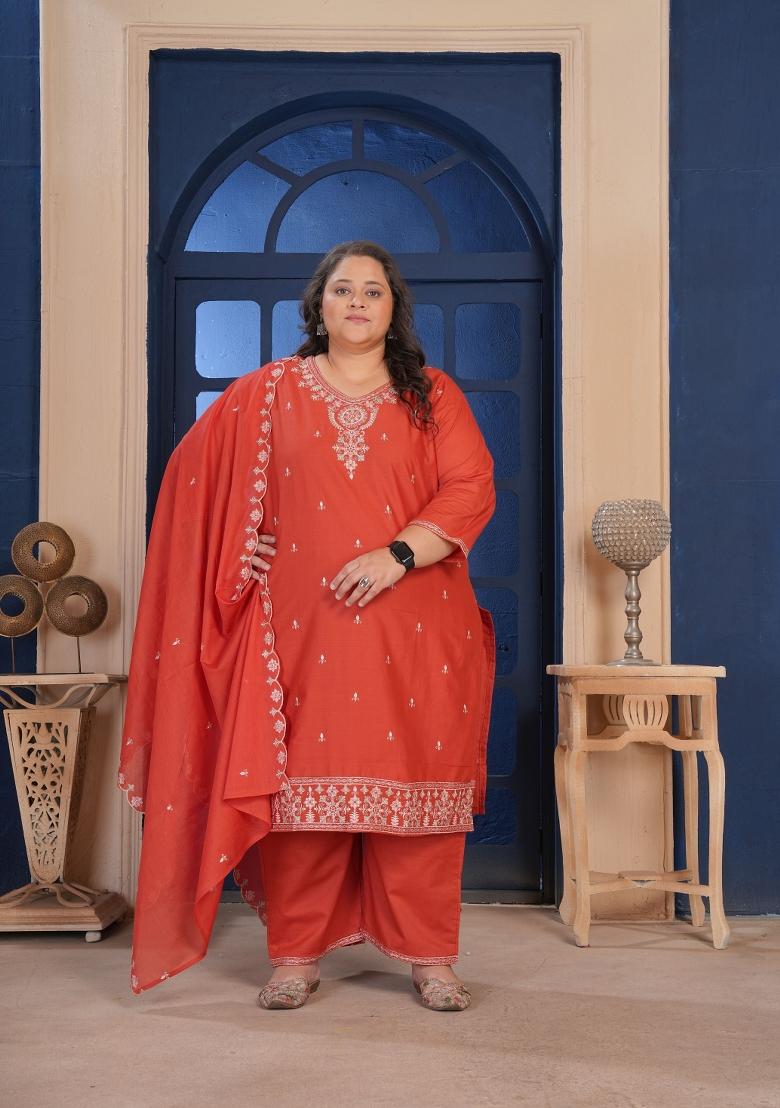 Rust Embroidery Cotton Kurta Set - Indya