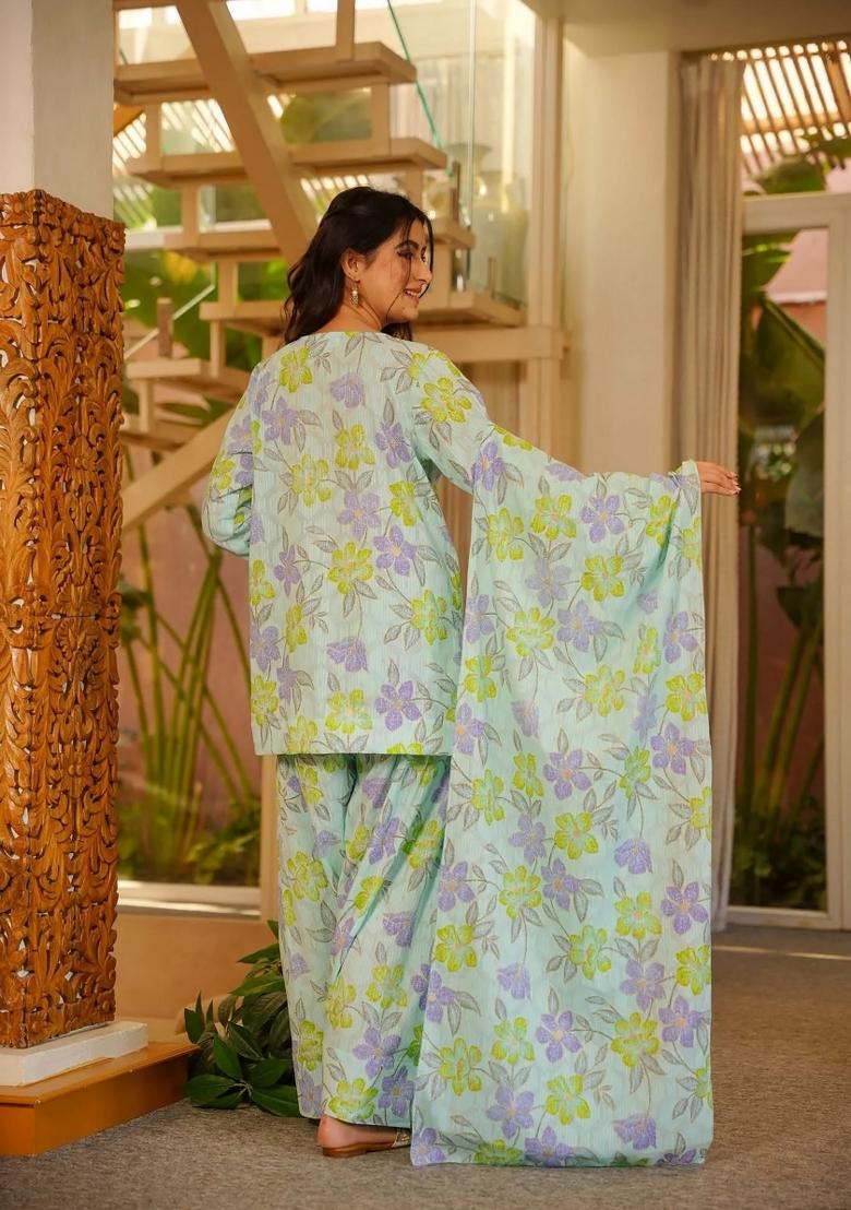 Green Printed Cotton Kurta Set - Indya