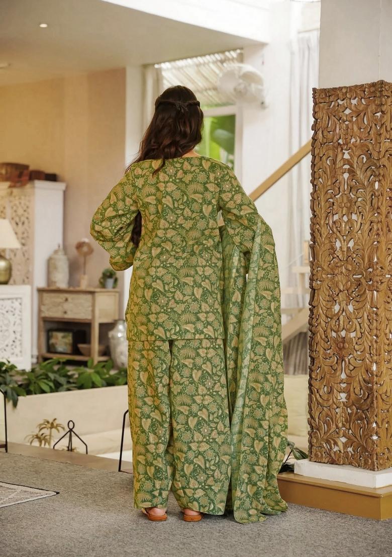 Green Printed Cotton Kurta Set - Indya