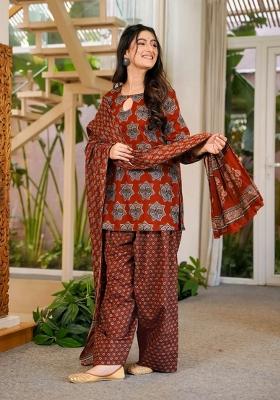Red Printed Cotton Kurta Set