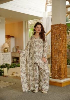 Cream Printed Cotton Kurta Set