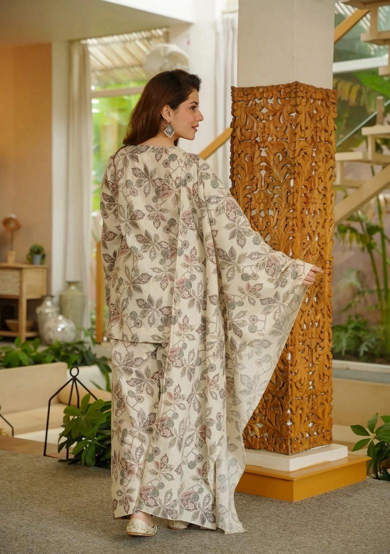 Cream Printed Cotton Kurta Set - Indya
