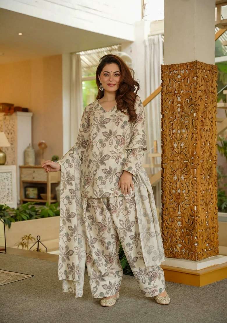 Cream Printed Cotton Kurta Set - Indya