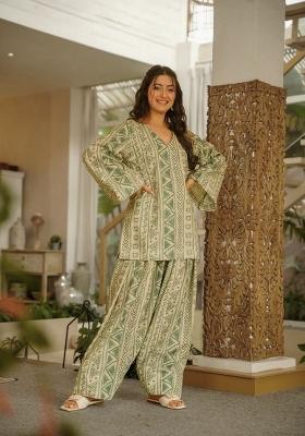 Green Printed Cotton Kurta Set
