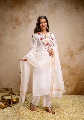 Off White Embroidery Silk Kurta Set