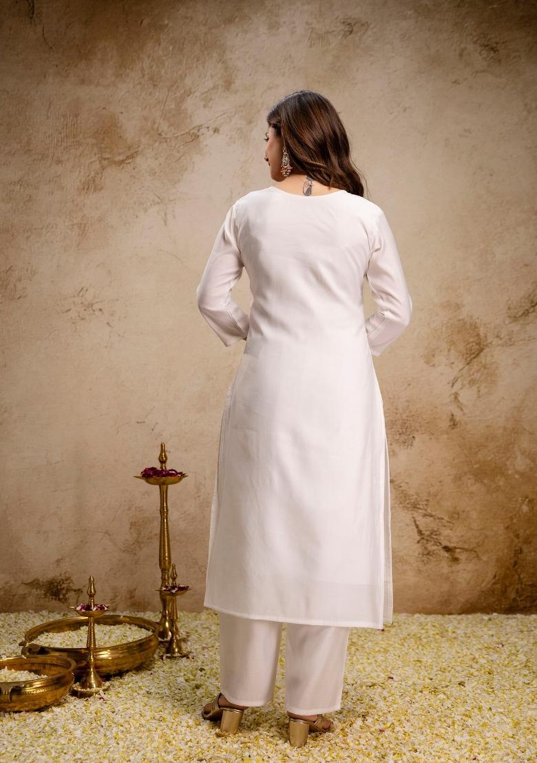 Off White Embroidery Silk Kurta Set - Indya