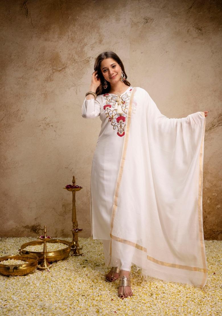 Off White Embroidery Silk Kurta Set - Indya