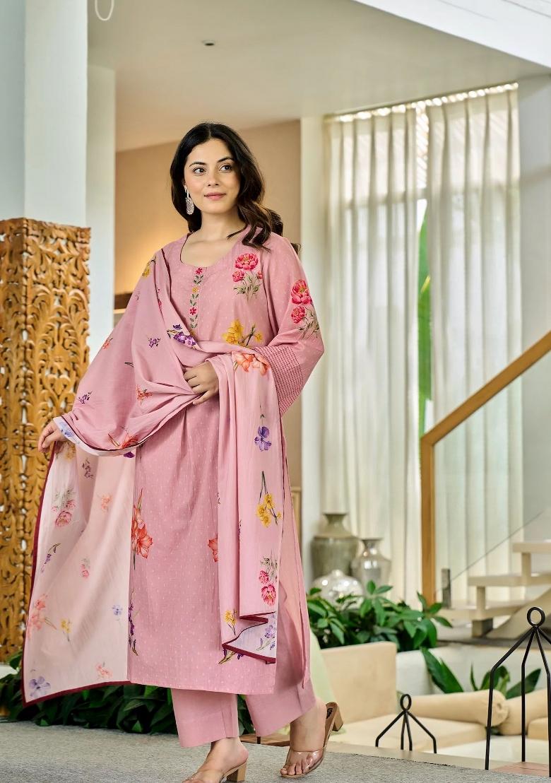Pink Printed Chanderi Kurta Set - Indya