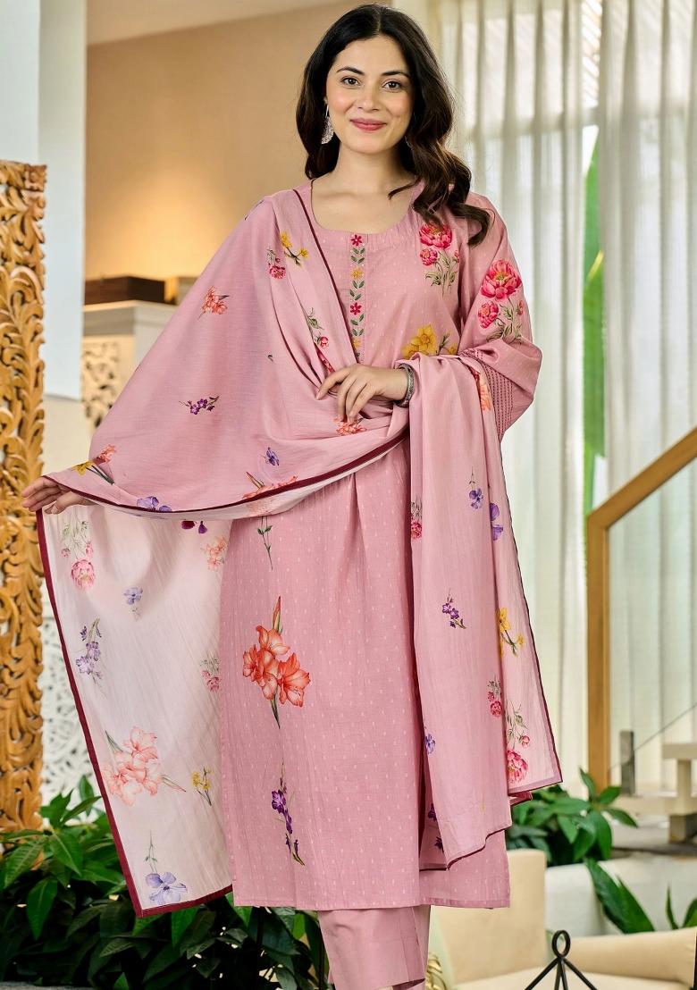 Pink Printed Chanderi Kurta Set - Indya