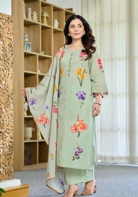 Green Printed Chanderi Kurta Set