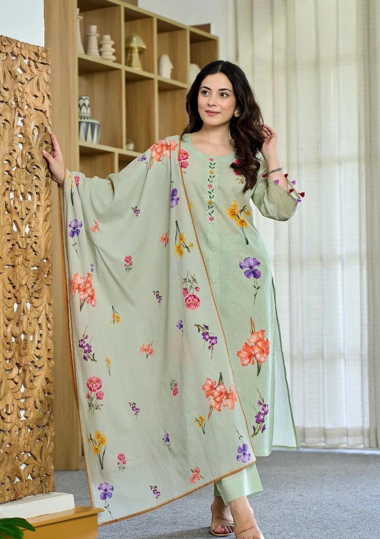 Green Printed Chanderi Kurta Set - Indya