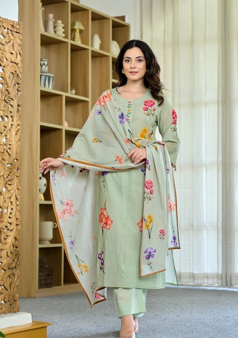 Green Printed Chanderi Kurta Set - Indya