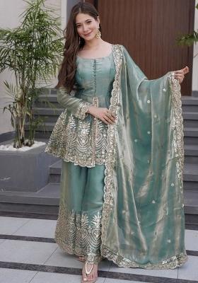 Sky Blue Embroidery Silk Kurta Set