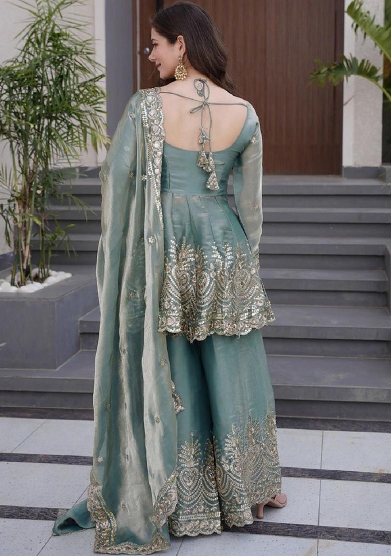 Sky Blue Embroidery Silk Kurta Set - Indya