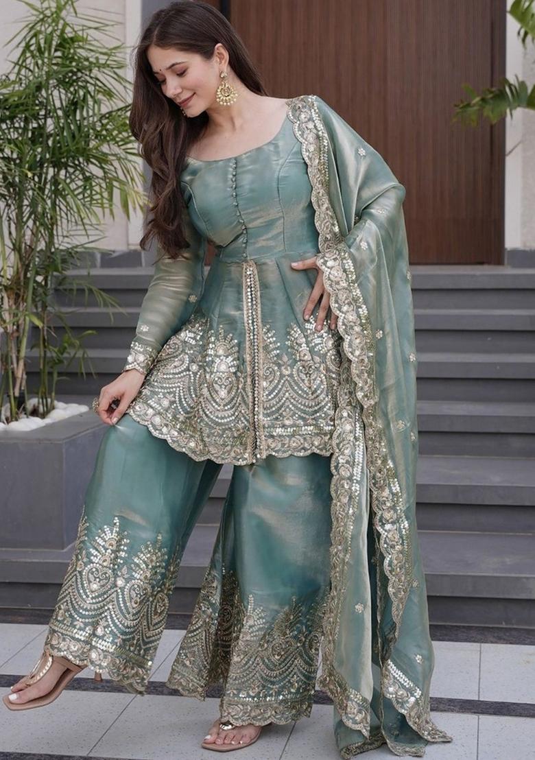 Sky Blue Embroidery Silk Kurta Set - Indya