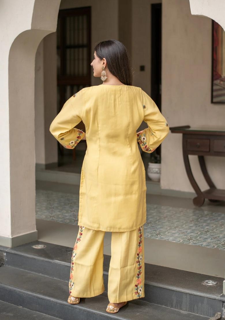 Yellow Embroidery Crepe Kurta Set - Indya