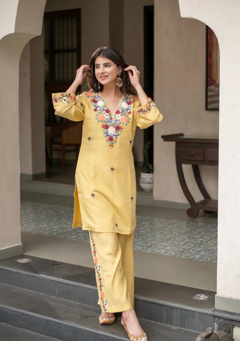 Yellow Embroidery Crepe Kurta Set - Indya