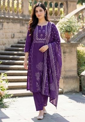Purple Printed Silk Kurta Set