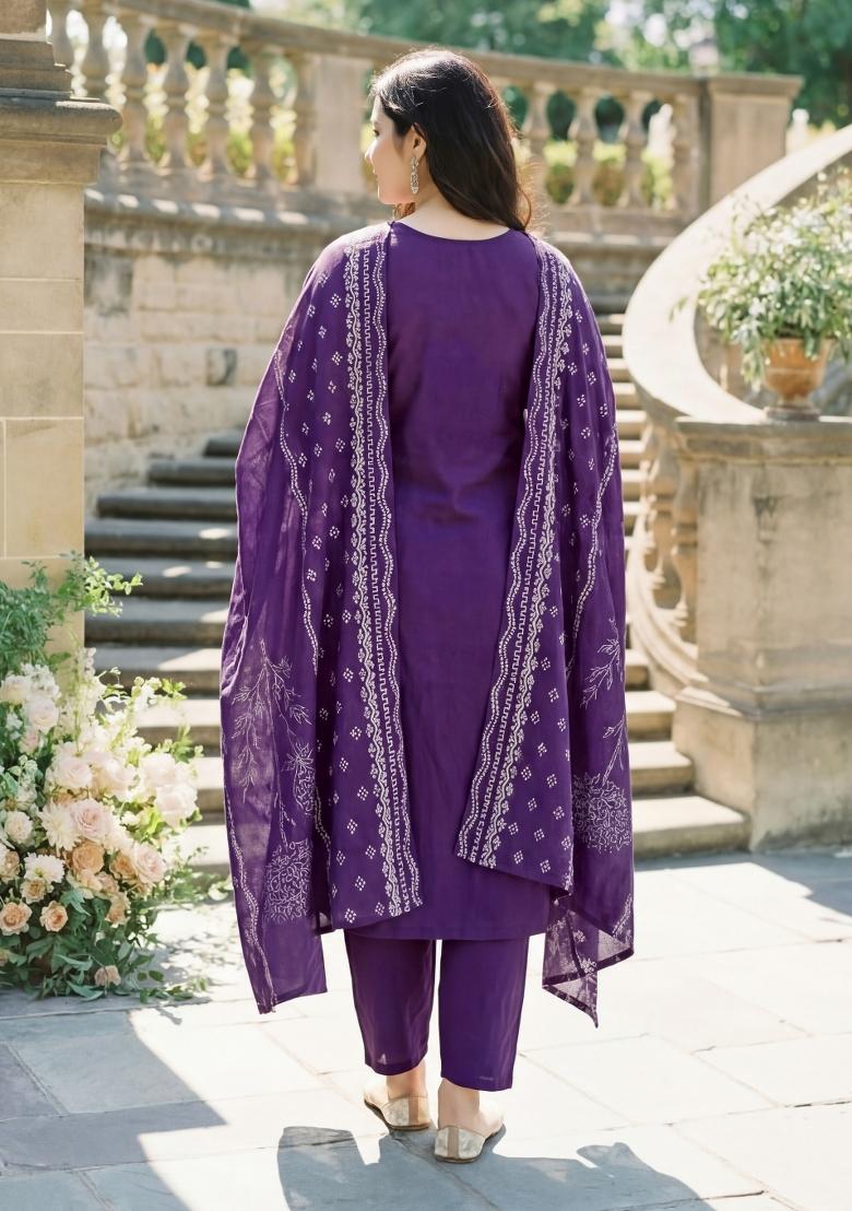 Purple Printed Silk Kurta Set - Indya