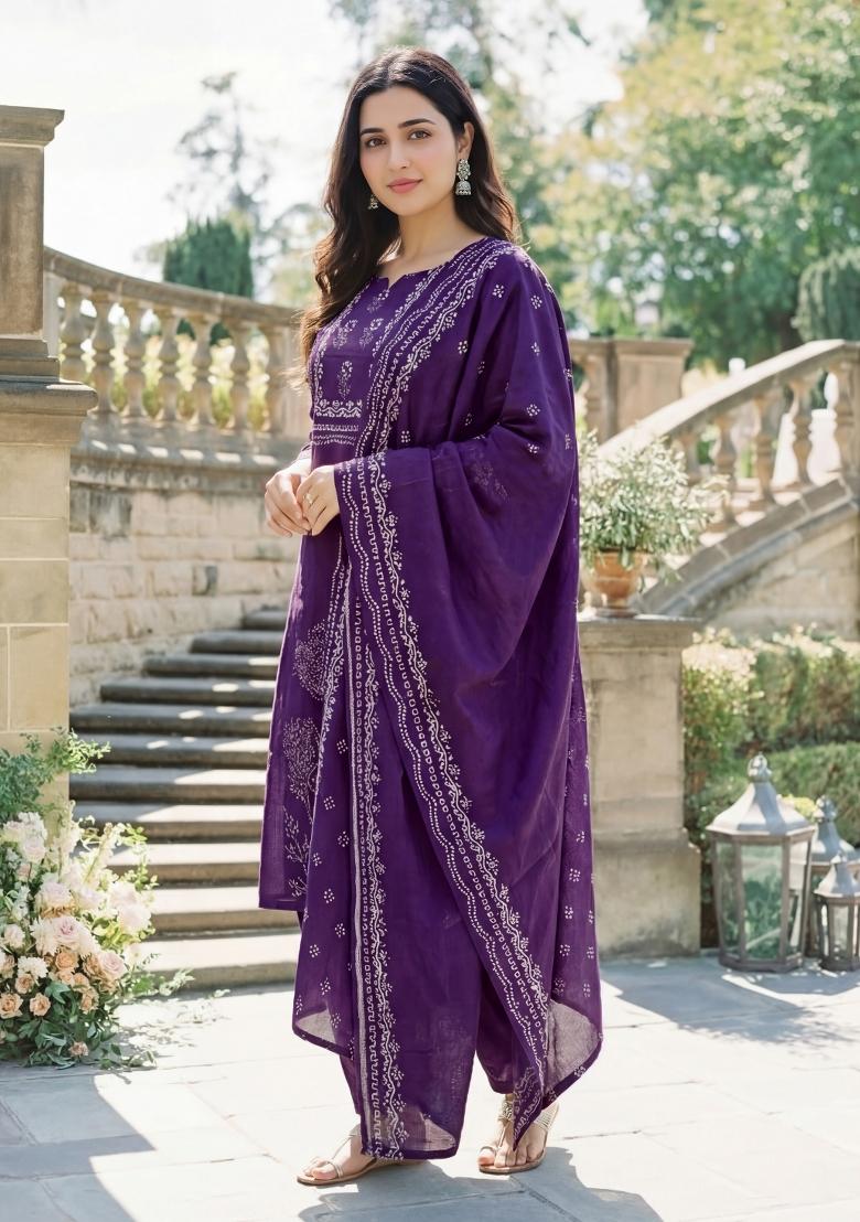 Purple Printed Silk Kurta Set - Indya