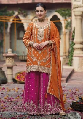 Orange Embroidery Tissue Kurta Set