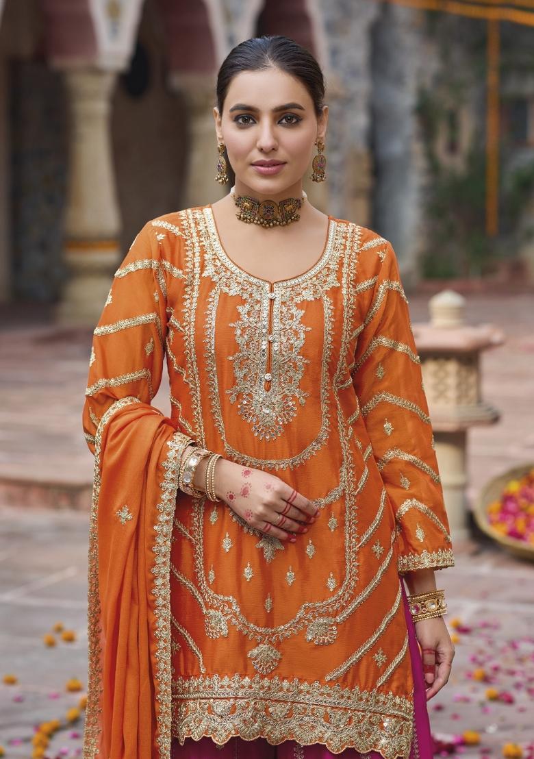 Orange Embroidery Tissue Kurta Set - Indya