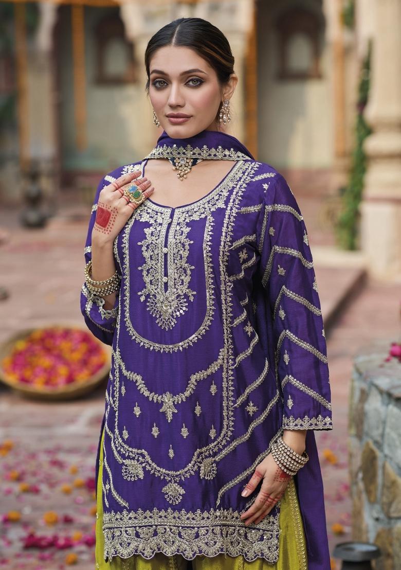 Purple Embroidery Tissue Kurta Set - Indya
