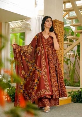 Red Printed Silk Kurta Set