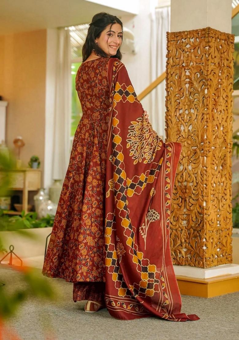 Red Printed Silk Kurta Set - Indya