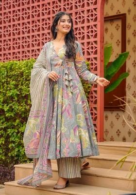 Grey Printed Silk Kurta Set