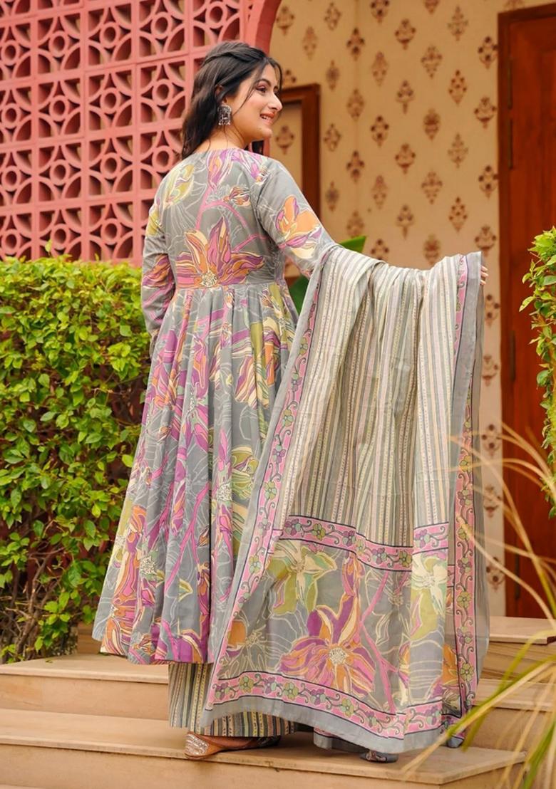 Grey Printed Silk Kurta Set - Indya