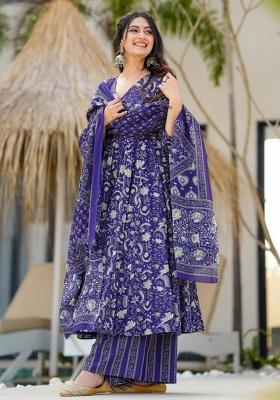 Blue Printed Silk Kurta Set