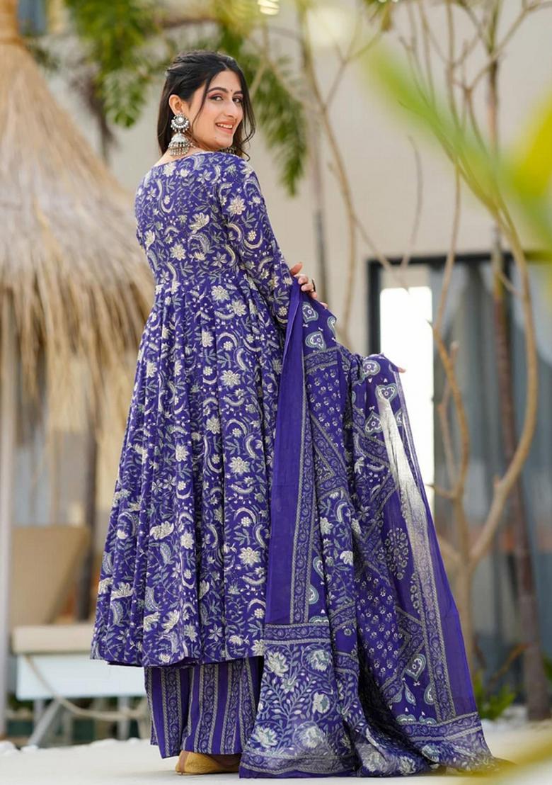 Blue Printed Silk Kurta Set - Indya