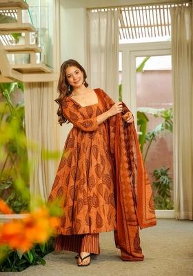 Orange Printed Silk Kurta Set