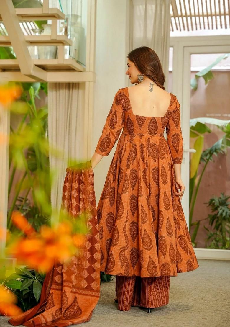 Orange Printed Silk Kurta Set - Indya