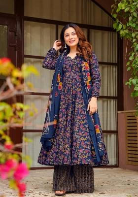 Blue Printed Silk Kurta Set