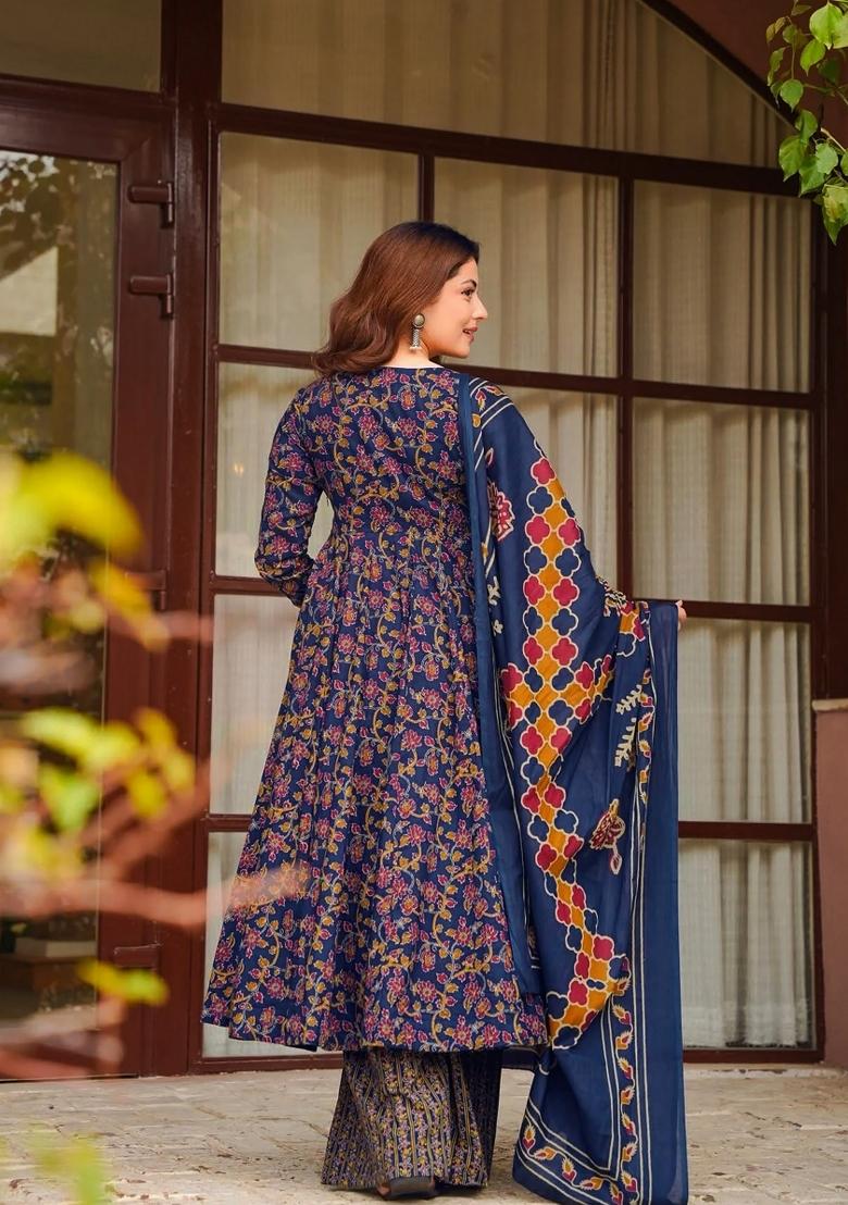 Blue Printed Silk Kurta Set - Indya