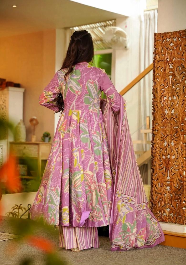 Pink Printed Silk Kurta Set - Indya