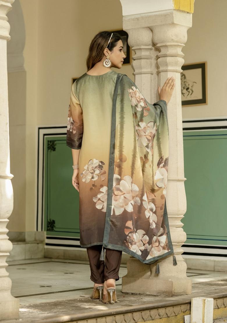 Green Printed Silk Kurta Set - Indya