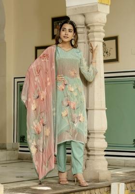 Sea Green Printed Silk Kurta Set