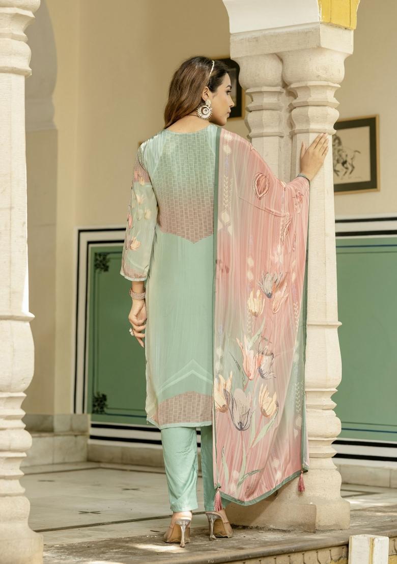 Sea Green Printed Silk Kurta Set - Indya