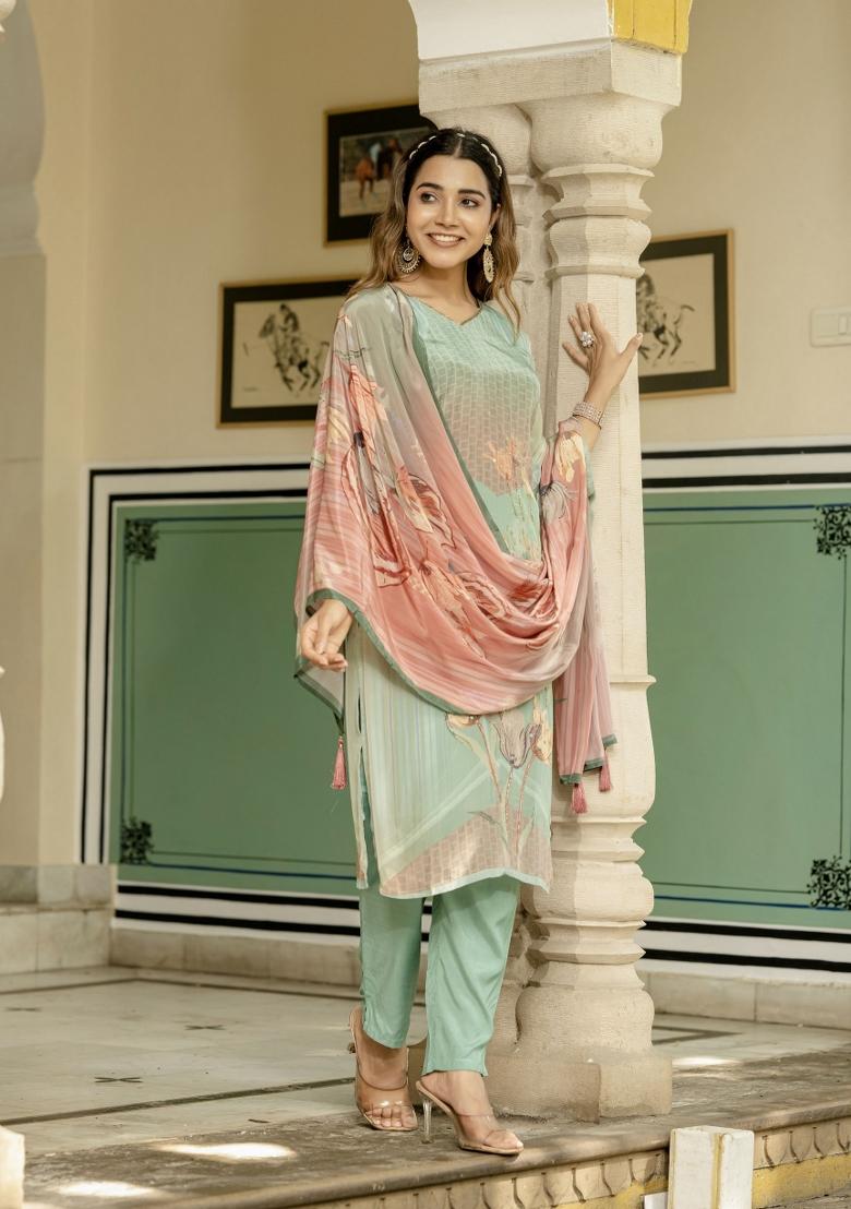 Sea Green Printed Silk Kurta Set - Indya