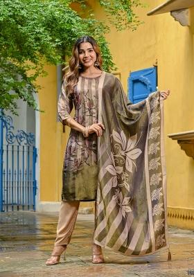 Green Printed Silk Kurta Set