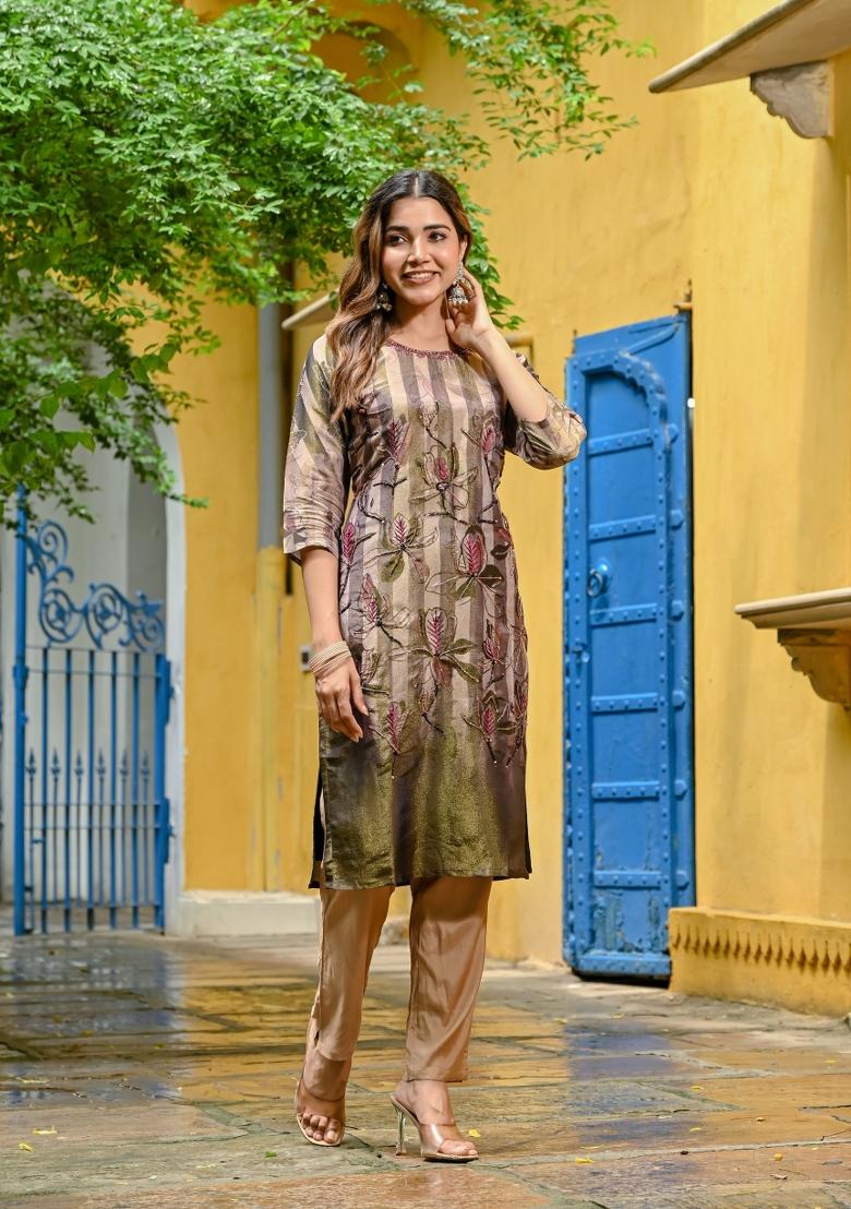 Green Printed Silk Kurta Set - Indya