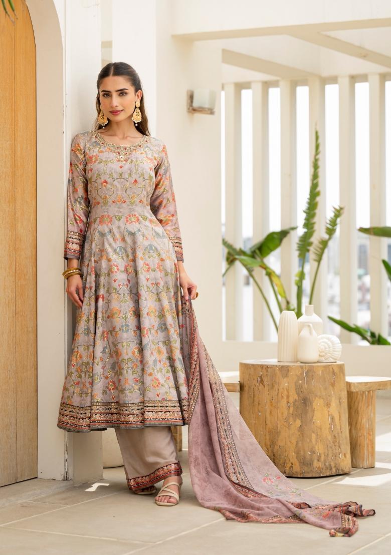 Pink Printed Silk Kurta Set - Indya