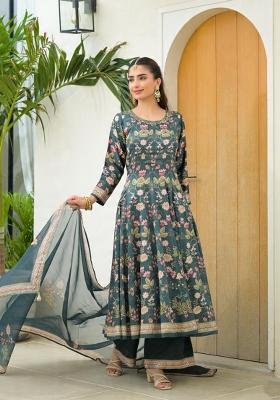 Green Printed Silk Kurta Set