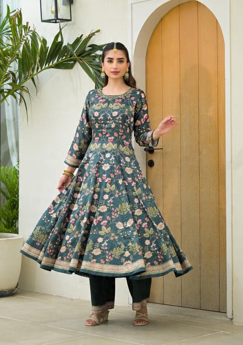 Green Printed Silk Kurta Set - Indya